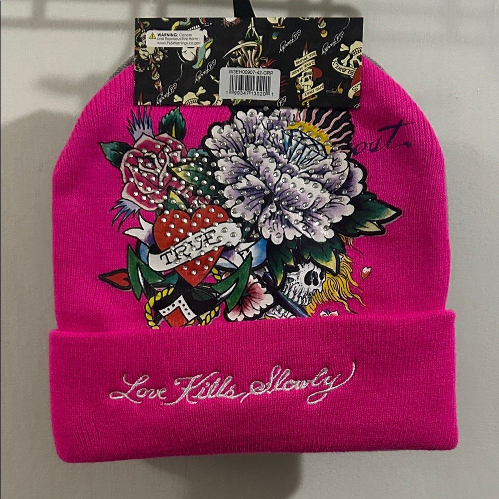 New 2-Pack of Ed Hardy Gray Beanie with Tiger Embroidery